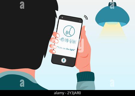 Man donne une commande vocale à une application de maison intelligente sur son smartphone pour allumer la lumière. Illustration vectorielle. Illustration de Vecteur