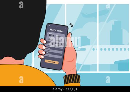 Homme à l'aéroport tenant un smartphone pour réserver un billet d'avion. Concept de réservation de billets en ligne. Illustration vectorielle. Illustration de Vecteur