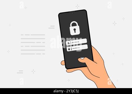 Main tenant un smartphone pour se connecter nom d'utilisateur et mot de passe à l'écran. Confidentialité des données protection en ligne sur l'application de téléphone mobile. Illustration vectorielle. Illustration de Vecteur