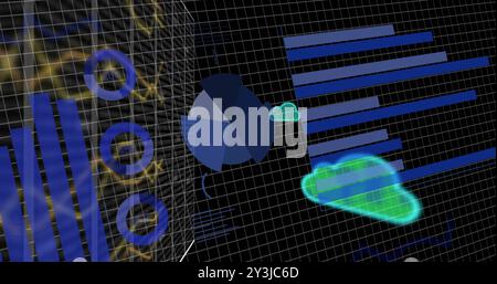 Image de graphiques et de graphiques traitant des données et des icônes de nuage sur la grille sur fond noir Banque D'Images