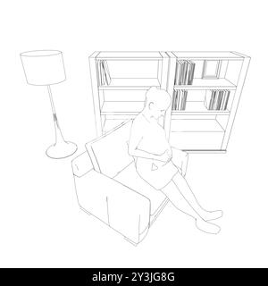 Contour de femme enceinte assis sur une chaise faite de lignes noires isolées sur fond blanc. Chambre avec bibliothèque et chaise avec fille enceinte. Vecteur illu Illustration de Vecteur