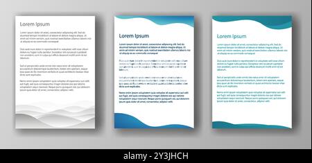 Trois modèles de documents différents avec des motifs Wave en haut et en bas, chacun avec un texte d'espace réservé Lorem Ipsum. Définir sur un fond gris Illustration de Vecteur
