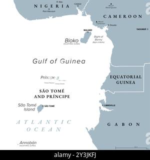 Ligne du Cameroun, chaîne d'îles volcaniques au large des côtes de l'Afrique de l'Ouest, carte politique grise. Chaîne de volcans comprenant des îles dans le golfe de Guinée. Banque D'Images