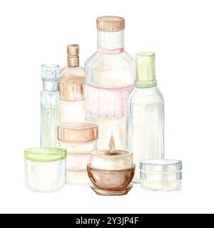 Pots de maquillage et bougie. Aquarelle Clip Art sur un fond blanc. L'illustration est dessinée à la main dans des couleurs pastel. Convient pour les conceptions de cartes, les textiles et le scrapbooking Banque D'Images