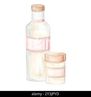 Bocaux cosmétiques. Aquarelle Clip Art sur un fond blanc. L'illustration est dessinée à la main dans des couleurs pastel. Convient pour les conceptions de cartes, les textiles et le scrapbooking Banque D'Images