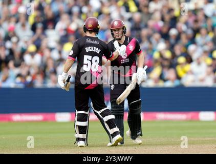 James Rew de Somerset (à droite) célèbre 50 runs lors de la demi-finale Vitality Blast T20 à Edgbaston, Birmingham. Date de la photo : samedi 14 septembre 2024. Banque D'Images