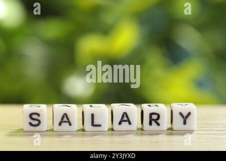 Word Salary fait de cubes sur une table en bois clair sur fond vert flou, gros plan. Espace pour le texte Banque D'Images