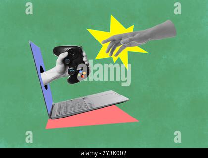 Main de l'homme atteignant la main de la femme avec manette de jeu sortant de l'écran de l'ordinateur portable sur fond de couleur. Collage artistique créatif Banque D'Images