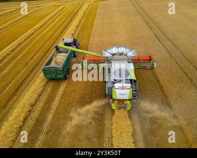 Vues aériennes d'une moissonneuse-batteuse travaillant dans les champs près de Rosyth à Fife., Écosse. Banque D'Images
