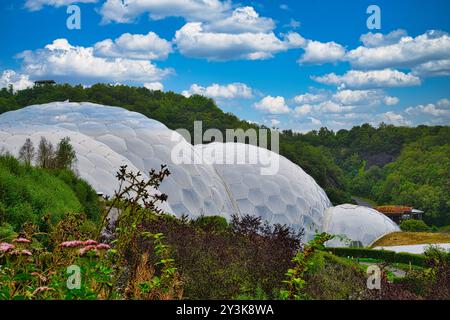 Une vue panoramique de grands dômes géodésiques entourés de verdure luxuriante et de fleurs colorées sous un ciel bleu vif avec des nuages moelleux. Banque D'Images