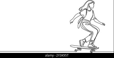 dessin en ligne simple continu de l'adolescente sur skateboard, illustration vectorielle d'art de ligne Illustration de Vecteur