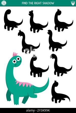 Ombre de dinosaure assortie activité avec animal antique. Puzzle préhistorique avec brachiosaur mignon. Trouvez la feuille de travail ou le jeu imprimable de silhouette correcte. Illustration de Vecteur