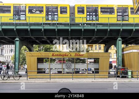 Le snack-bar de Konnopke est culte. Konnopke est à Prenzlauer Berg. Il a été le premier snack-bar de Berlin-est à introduire la currywurst en 1960. Undergroun Banque D'Images