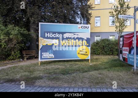 Élection d'État en Thuringe. Quelques jours après les élections, les affiches électorales du parti CDU sont toujours accrochées dans les rues. Slogan : Stop Bjoern Hoecke Banque D'Images