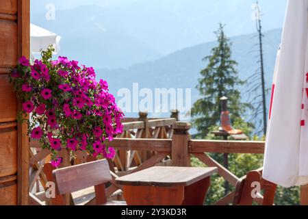 Un café en plein air avec une canopée de soleil sur fond de fleurs et de montagnes Banque D'Images