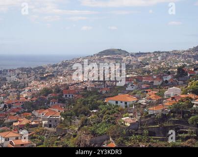 Vue panoramique aérienne de la ville de funchal à madère avec les toits et les monuments de la ville visibles en face de la mer Banque D'Images