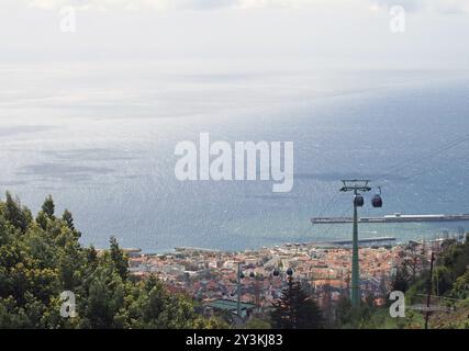 Une vue vers le bas sur funchal madère prise de monte avec le téléphérique de la ville et une mer bleu clair ensoleillée Banque D'Images