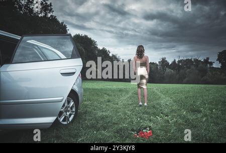 Jolie jeune femme vêtue d'une robe en latex doré, s'éloignant d'une voiture et d'un bouquet de roses couché sur l'herbe, par un jour sombre Banque D'Images