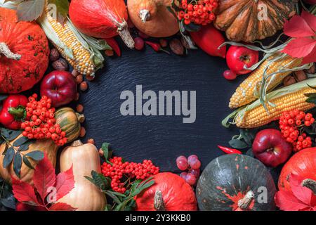 Cadre agricole d'automne en fruits et légumes avec espace de copie pour le texte sur fond d'ardoise. Concept de vacances de récolte. Pose à plat, vue de dessus Banque D'Images