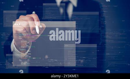 Homme d'affaires utilisant un stylet pour interagir avec une interface virtuelle affichant du code informatique flottant et des données, mettant l'accent sur la technologie et l'innovation. Banque D'Images