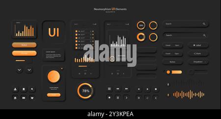 Les éléments de l'interface utilisateur de l'application mobile sont en noir et orange. Illustration de Vecteur