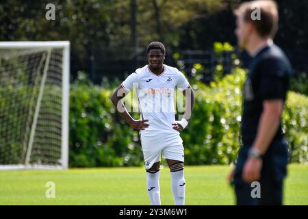 Landore, Swansea, pays de Galles. 14 septembre 2024. Wahab Ojetoro de Swansea City lors du match de la Ligue de développement professionnel des moins de 18 ans entre Swansea City et Wigan Athletic au JOMA High performance Centre à Landore, Swansea, pays de Galles, Royaume-Uni le 14 septembre 2024. Crédit : Duncan Thomas/Majestic Media/Alamy Live News. Banque D'Images