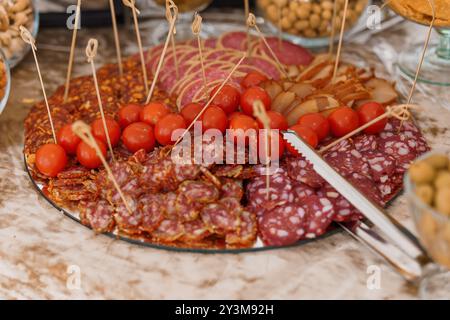 Plat de charcuterie élégant avec viandes tranchées et tomates cerises sur des brochettes. Banque D'Images