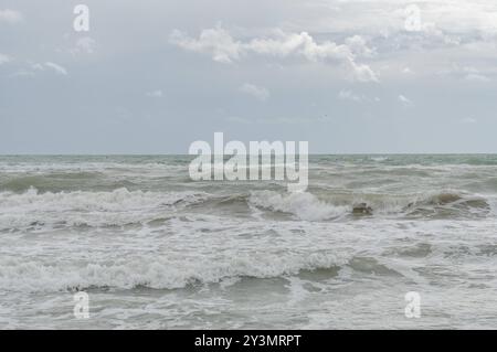 12.09.2024 / Lido di Jesolo, Provinz Venedig, Venetien, obere Adria, Italien / Küste am Mittelmeer, Sandstrand, Meeresstrand, Strandbad, Urlaub, Strandurlaub, Badeurlaub, Sommerurlaub, Ferien am Meer, Blick vom Strand auf das Meer, Sandstrand, Wellen, Meereswellen, Brandung, Meeresbrandung, Bewölkung, Wolken, Adriatief, Mittelmeertief, Tiefdruckgebiet im Mittelmeerraum, Schlechtwetter über der Adria *** 12 09 2024 Lido di Jesolo, Province de Venise, Vénétie, haute mer Adriatique, Italie Côte méditerranéenne, plage de sable, plage de mer, station balnéaire, vacances, vacances à la plage, vacances à la plage, vacances d'été Banque D'Images