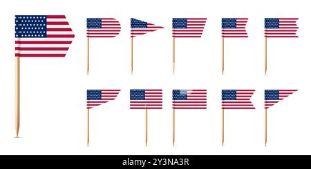 Drapeaux de cure-dents USA. Fanions US sur bâton en bois. Marque de localisation 3D réaliste, pointeur de carte et décoration de cocktail. Ensemble de vecteurs. Illustration de Vecteur
