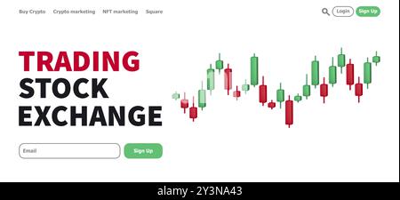 Tableau en chandelier. Page de destination promotionnelle des cours de plateforme de trading en ligne avec graphique en chandelier japonais 3d vert et rouge. Bannière boursière. Modèle de conception de web vectoriel. Illustration de Vecteur