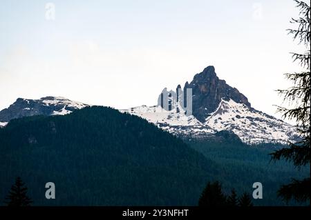 Une vue panoramique sur les Dolomites, avec des montagnes imposantes et des nuages en arrière-plan. Au premier plan, les arbres luxuriants et les forêts denses créent une vibr Banque D'Images