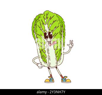 Groovy personnage rétro de légumes de chou chinois, dessin animé comique vectoriel. napa chou chinois génial avec un sourire heureux sur le visage et une langue stupide avec un geste de signe de paix pour des emoji culinaires groovy Illustration de Vecteur
