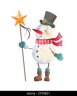 Un bonhomme de neige joyeux dans un chapeau haut de gamme élégant et une écharpe chaude tient joyeusement une étoile brillante pour répandre la joie festive Illustration de Vecteur