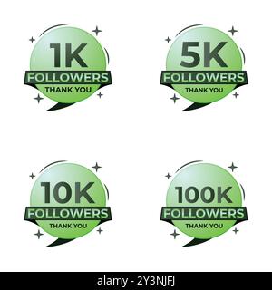 Dégradé Artwork 100k, 1k, 5k, 10k set followers Thank you Celebration badge artwork couleur verte Illustration de Vecteur