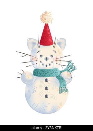 Cette adorable illustration d'un chat bonhomme de neige est parfaite pour capturer l'esprit des thèmes des vacances d'hiver Illustration de Vecteur