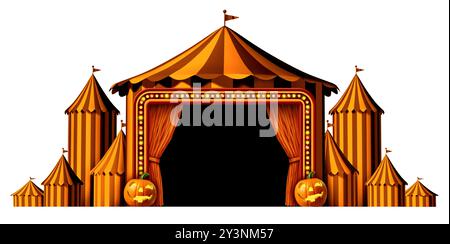 Tente de scène de cirque d'Halloween comme un élément de conception saisonnier d'automne comme un groupe de tentes de carnaval orange et noir grandes comme un rideau ouvrant l'entrée A. Banque D'Images