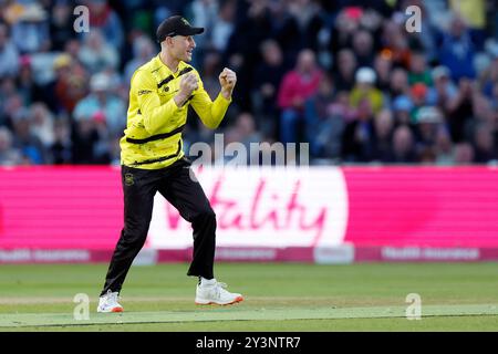 Matt Taylor du Gloucestershire célèbre avoir repéré James Rew de Somerset lors du match final Vitality Blast T20 à Edgbaston, Birmingham. Date de la photo : samedi 14 septembre 2024. Banque D'Images