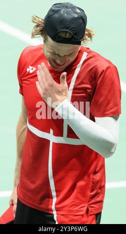 Bologne, Italie. 14 septembre 2024. Le belge Zizou Bergs après un match entre le belge Zizou Berg et le brésilien Thiago Monteiro, deuxième match de la phase de groupes A Coupe Davis finale entre la Belgique et le Brésil, samedi 14 septembre 2024, à l'Unipol Arena, à Bologne, en Italie. BELGA PHOTO BENOIT DOPPAGNE crédit : Belga News Agency/Alamy Live News Banque D'Images