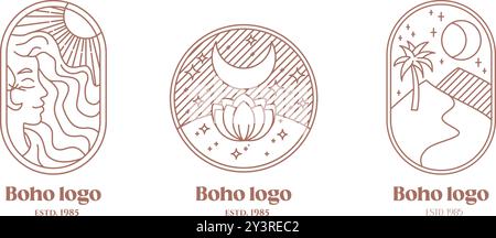 Ensemble de logo boho marron mystique. Lotus de nuit, lune et étoiles dans le ciel, profil de visage de fille, palme dans l'icône esthétique de sable. Illustration de Vecteur