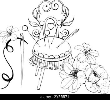Coussin rétro, outil de couture. Décoration de passe-temps artisanal pour vêtements, aiguille, outil de couture avec fleur, rose. Illustration de mode vintage pour la conception Illustration de Vecteur