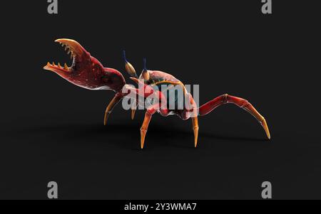 Illustration 3d d'un crabe Fiddler. une carapace forte pour la protection et une griffe orange géante comme arme de défense, photo macro sur fond noir Banque D'Images