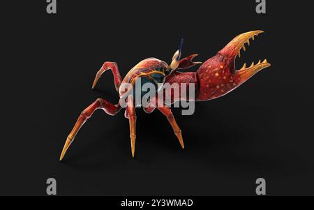 Illustration 3d d'un crabe Fiddler. une carapace forte pour la protection et une griffe orange géante comme arme de défense, photo macro sur fond noir Banque D'Images