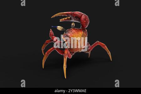 Illustration 3d d'un crabe Fiddler. une carapace forte pour la protection et une griffe orange géante comme arme de défense, photo macro sur fond noir Banque D'Images