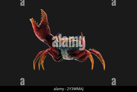 Illustration 3d d'un crabe Fiddler. une carapace forte pour la protection et une griffe orange géante comme arme de défense, photo macro sur fond noir Banque D'Images