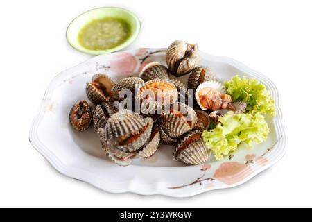 Découpe de Cockle bouilli avec sauce aux fruits de mer sur blanc isolé. Banque D'Images