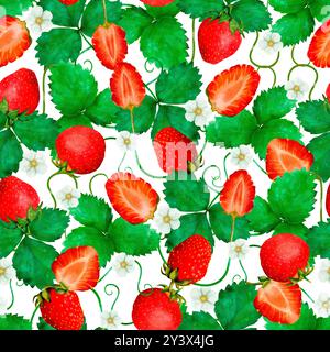 Un motif coloré sans couture de fraises fraîches avec des feuilles vertes luxuriantes, idéal pour les dessins sur le thème de l'été. Art numérique dans le style aquarelle, pour l'impression sur tissu et papier. Banque D'Images