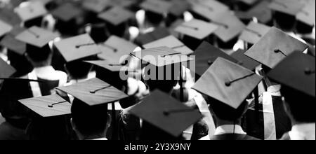 Vue arrière des diplômés universitaires en robes de fin d'études et casquettes Banque D'Images