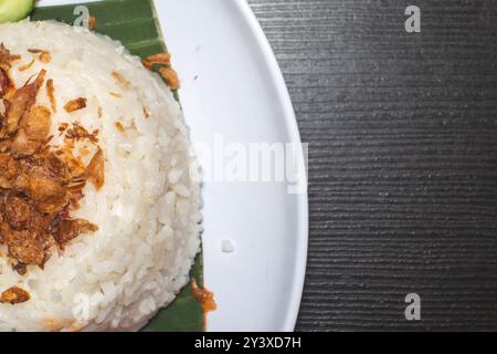 Gros plan photo de riz saupoudré d'oignons frits. Macro photo de riz cuit servi sur une assiette blanche. Banque D'Images