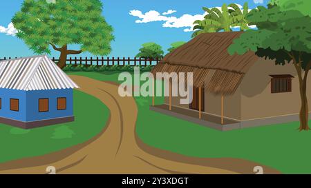 Belle route de village avec cabane rurale à côté de la route. Village Road 2d plat de dessin animé téléchargement de fond Illustration de Vecteur
