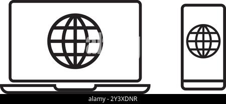 Icône ordinateur portable et smartphone. Ordinateur, Globe, Internet, réseau. Icône vectorielle professionnelle, pixel parfait. Illustration de Vecteur